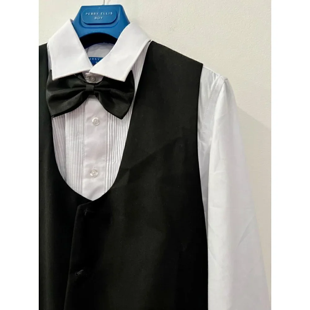 New Perry Ellis Boy's Size 16 White Tuxedo shirt,Black vest & bow tie adjustable